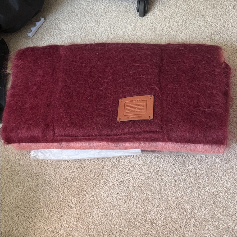 Coach Mohair-Blend Scarf in Berry and Blush with Leather Patch